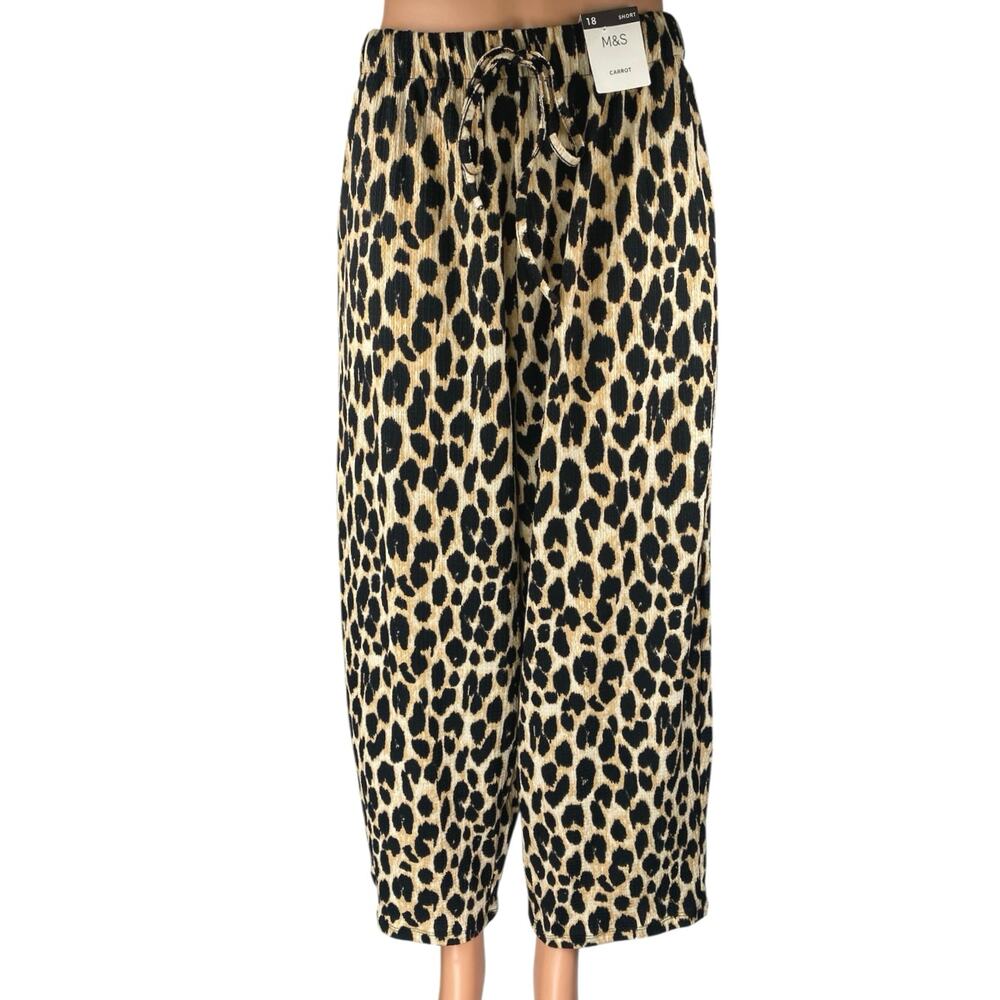 NEW M&S Marks & Spencer Beige Black Leopard Print Wide Leg Trousers Pants Sz 14